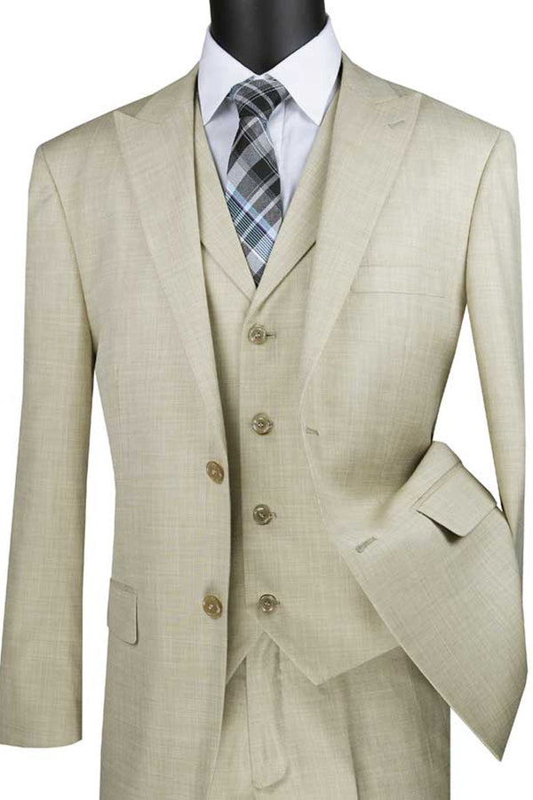 Stretch Fabric - Slim Fit - Mens Vested 2 Button Wide Peak Lapel Textured Summer Suit in Putty -  Sand Light Tan Color