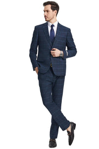 Men's Stacy Adams Vested Modern Fit Windowpane Plaid Suit in Navy Blue