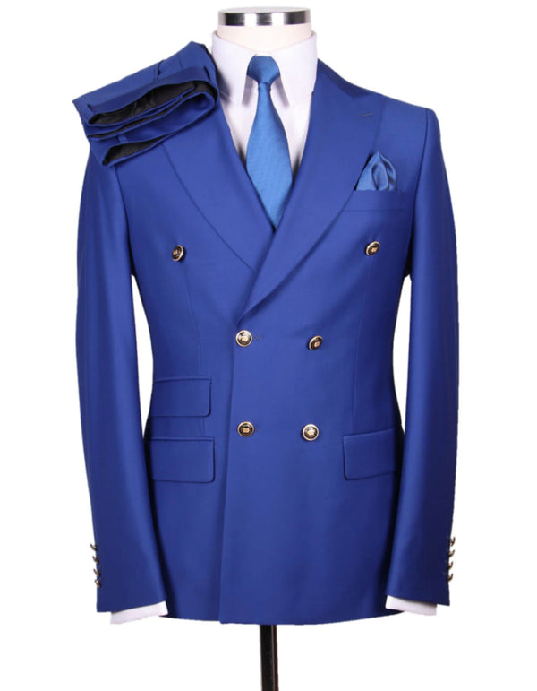 Designer Mens Double Breasted Gold Button Suit in Cobalt Blue