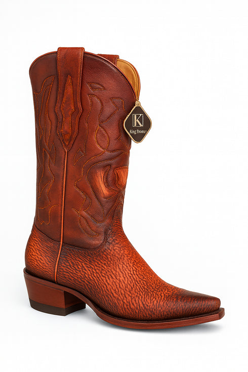 Men's King Exotic Snip Toe Sharkskin Boots Handcrafted Burnished Cognac (494RD0903)
