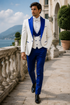 Hilton White and Royal Blue Paisley Peak Lapel Tuxedo Jacket with Matching Shawl Vest and Wool Pants – Includes Bow Tie