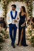 Hilton White and Royal Blue Paisley Peak Lapel Tuxedo Jacket with Matching Shawl Vest and Wool Pants – Includes Bow Tie