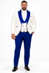 Hilton White and Royal Blue Paisley Peak Lapel Tuxedo Jacket with Matching Shawl Vest and Wool Pants – Includes Bow Tie
