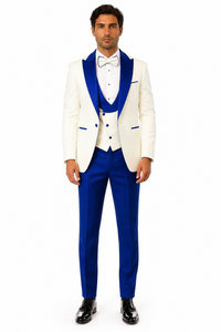 Hilton White and Royal Blue Paisley Peak Lapel Tuxedo Jacket with Matching Shawl Vest and Wool Pants – Includes Bow Tie