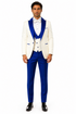 Hilton White and Royal Blue Paisley Peak Lapel Tuxedo Jacket with Matching Shawl Vest and Wool Pants – Includes Bow Tie