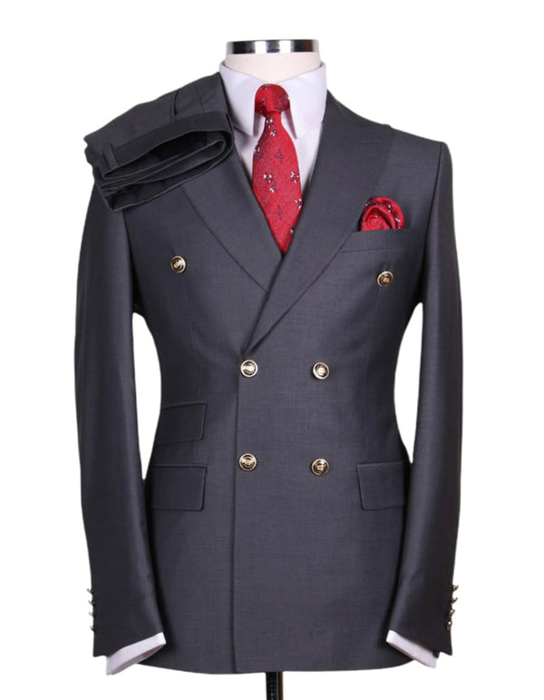 Designer Mens Double Breasted Gold Button Suit in Charcoal