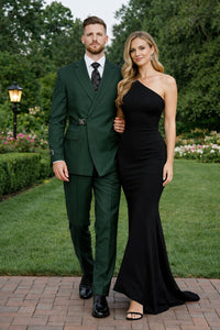 Mens Designer Tailored Fit Hunter Green Double Breasted Wool Suit with Metal Buckle Closure