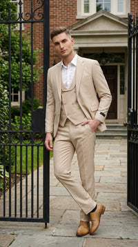 Men’s Khaki Sharkskin Wedding Suit with One Button Jacket, Double Breasted Vest and Pants