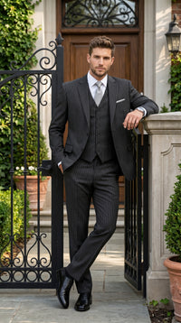 Men’s Black Bold Pinstripe 1920s Suit with Vest and Pants – Vintage Gangster Style Outfit