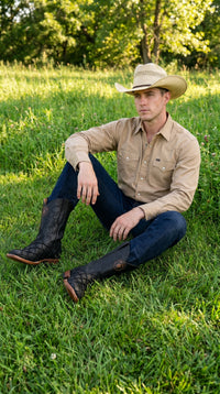 Men’s Los Altos Black Matte Pirarucu Wide Square Toe Cowboy Boots, Genuine Exotic Western Boots