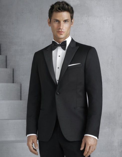 Mens Designer Kenneth Cole Slim Fit One Button Peak Tuxedo in Black - Mens Slim Fitted Tuxedo