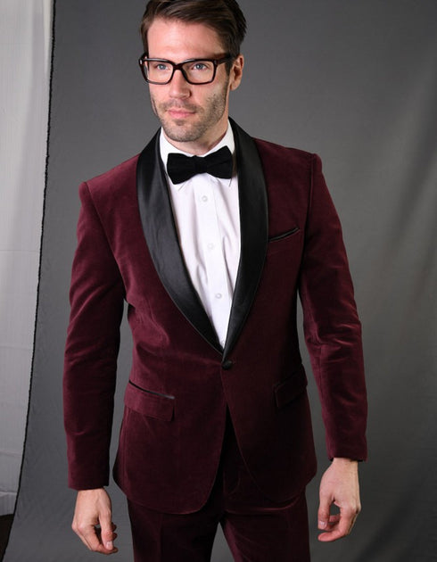 Mens 1 Button Shawl Lapel Velvet Tuxedo in burgundy