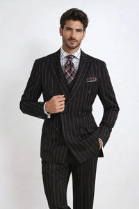 Mens Double Breasted 1920's Wide Bold Gangster Pinstripe Suit In Black