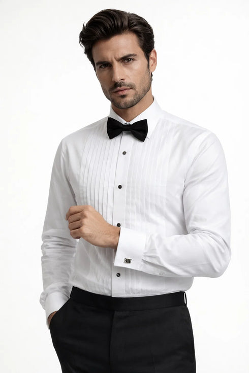 Men's Regular Fit Point Collar Half-Inch Pleat White Tuxedo Shirt & Bowtie Set