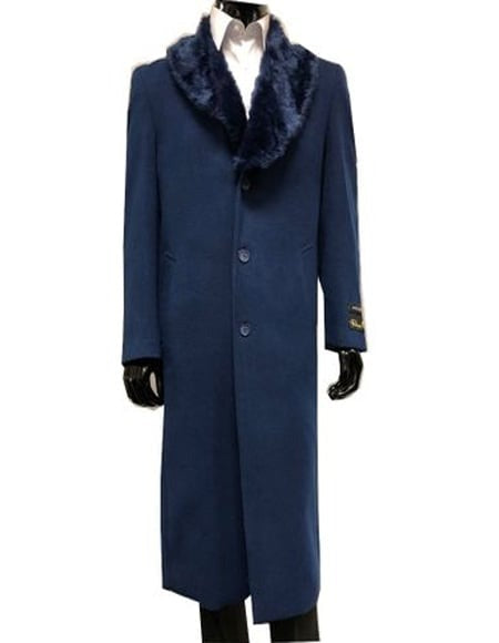 Mens Overcoat With Fur Collar Full Length 48 Inches Blue Color - Navy Blue Topcoat Mohair Coats