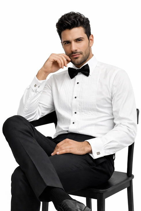 Men's Regular Fit Point Collar Half-Inch Pleat White Tuxedo Shirt & Bowtie Set