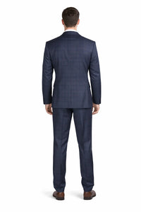 Men’s Navy Blue Plaid Slim Fit 3-Piece Suit – Two Button Vintage Style with Vest