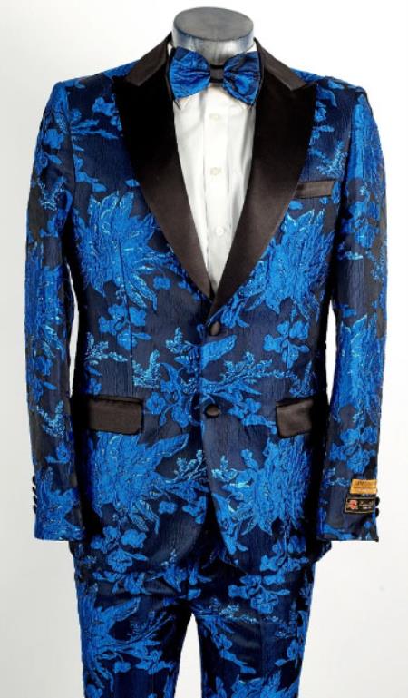 Mens Royal Blue 2 Button Floral Paisley Tuxedo