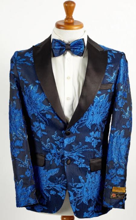 Mens Royal Blue 2 Button Floral Paisley Tuxedo Blazer