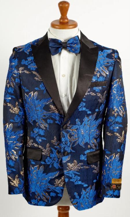 Mens Royal Blue and Gold 2 Button Foil Paisley Tuxedo Blazer