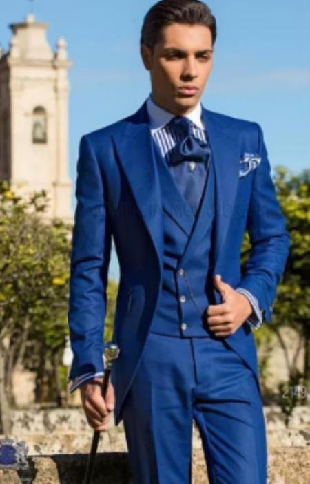 Mens Suits With Double Breasted Vest - Single Button Peak Lapel Royal Blue Suits