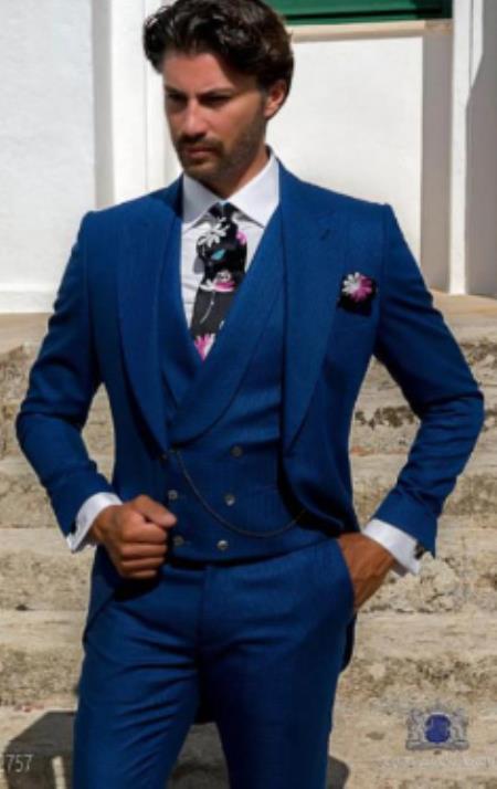 Mens Suits With Double Breasted Vest - Single Button Peak Lapel Royal Blue Suits