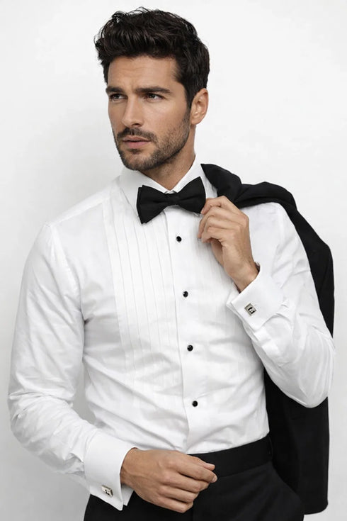 Men's Regular Fit Point Collar Half-Inch Pleat White Tuxedo Shirt & Bowtie Set