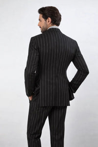 Mens Double Breasted 1920's Wide Bold Gangster Pinstripe Suit In Black
