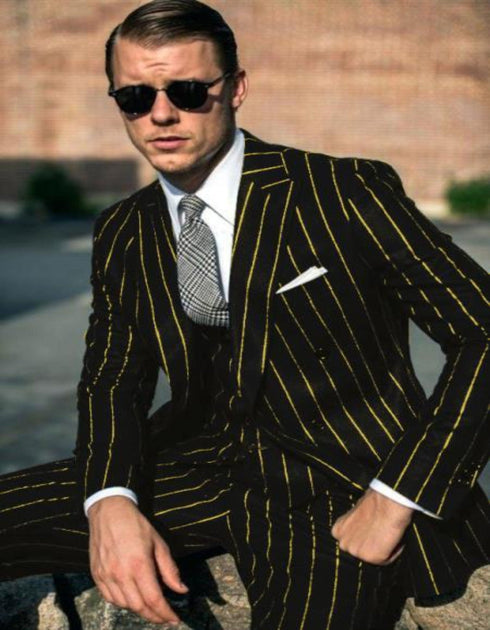 Black And Gold Stripe Suit - Vested Pinstripe Suit