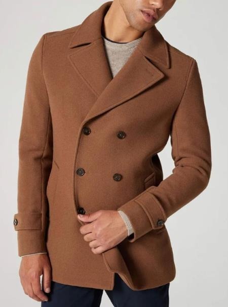 Mens Six Button Brown Wool Peacoat Mackinaw Coats