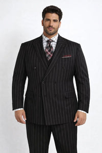Mens Double Breasted 1920's Wide Bold Gangster Pinstripe Suit In Black