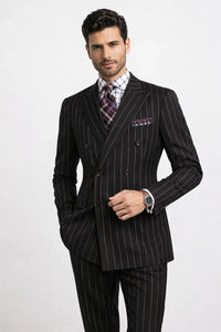 Mens Double Breasted 1920's Wide Bold Gangster Pinstripe Suit In Black