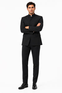 Apollo King Black Mandarin Collar Suit