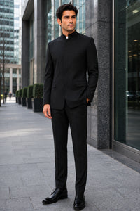 Apollo King Black Mandarin Collar Suit