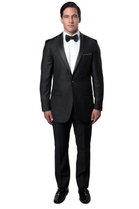 Mens Gray Tuxedo - Grey Wedding Suit-Mens  Skinny Fit  One Button Satin Trim Peak Lapel Prom & Wedding Tuxedo  In Charcoal Grey