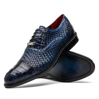 Marco Di Milano John Navy Shoes Exotic Caiman Crocodile / Woven Leather Dress Oxfords