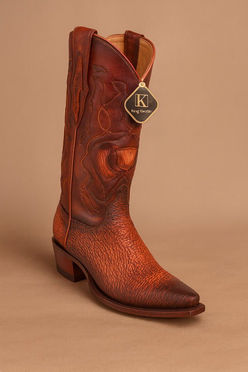 Men's King Exotic Snip Toe Sharkskin Boots Handcrafted Burnished Cognac (494RD0903)