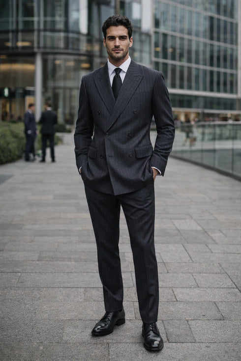 Kingsman Chalk-Striped Double Breasted Eggsy - Color Dark Grey Suit