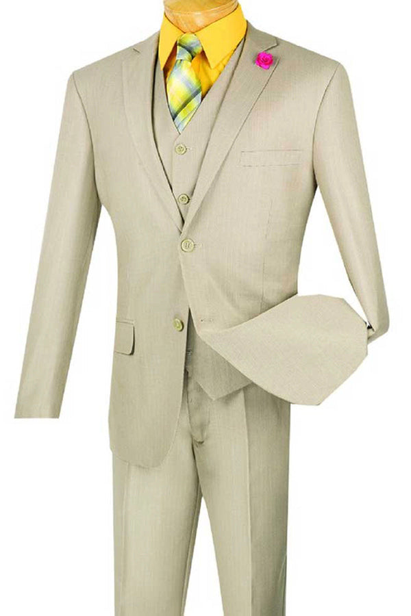 Mens Vested Slim Fit Shiny Sharkskin Suit in Beige