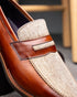 Zelli Lago Hand-Burnished Calfskin & Linen Penny Loafers in Cognac