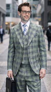 Statement Men's 3-Piece 100% Wool Tailored Fit Glen Plaid Suit - Double Breasted Vest - Sage