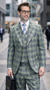 Statement Men's 3-Piece 100% Wool Tailored Fit Glen Plaid Suit - Double Breasted Vest - Sage