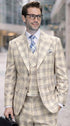 Statement Men's 3-Piece 100% Wool Tailored Fit Glen Plaid Suit - Double Breasted Vest - Tan