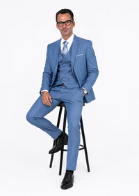 Mens 2 Button Slim Fit Wool Suit With Double Breasted Vest in Steel Blue