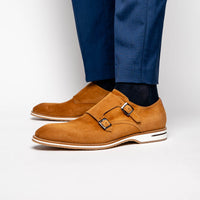 Zelli Legerra Contemporary Suede Monk Strap Dress Shoes in Cognac