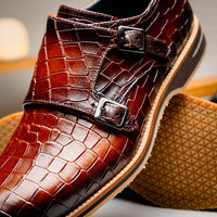 Zelli Legerra Hand-Burnished Crocodile Print Monk Strap in Cognac