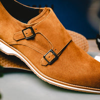 Zelli Legerra Contemporary Suede Monk Strap Dress Shoes in Cognac