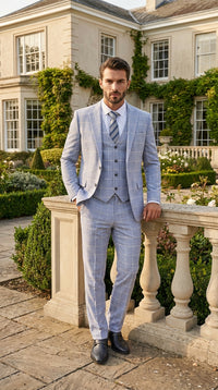 Mens Light Blue Plaid Three Piece Suit – Windowpane Check Wedding and Business Formal Suit Set