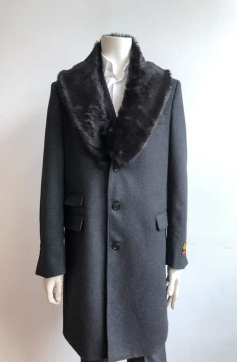 Long Jacket Ticket Pocket Designer men's Wool Peacoat Sale ~ Wool men's Car Coat Mid Length Three quarter length coat ~ Overcoat With Fur Collar Charcoal