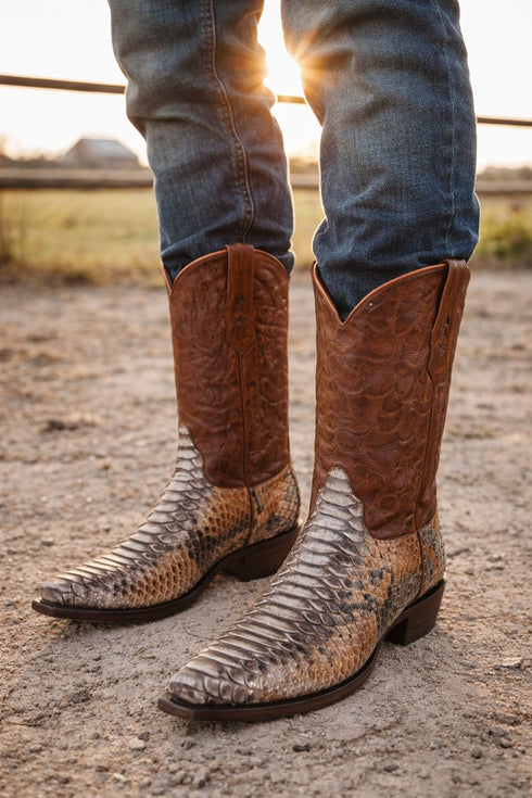 Los Altos Men's Cognac Genuine Python Snakeskin Snip Toe Boots
